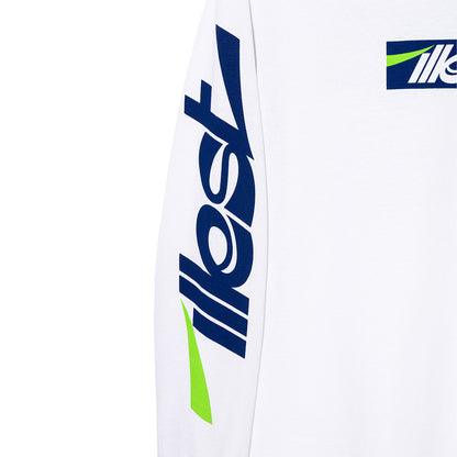 White collegiate long-sleeve T-shirt featuring bold blue and green logo graphics on the sleeve and chest area.