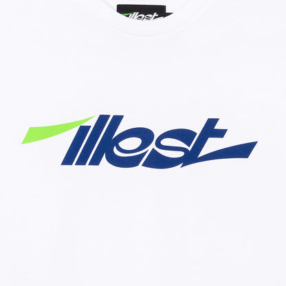 White collegiate style T-shirt with a bold blue and green logo print on the front.