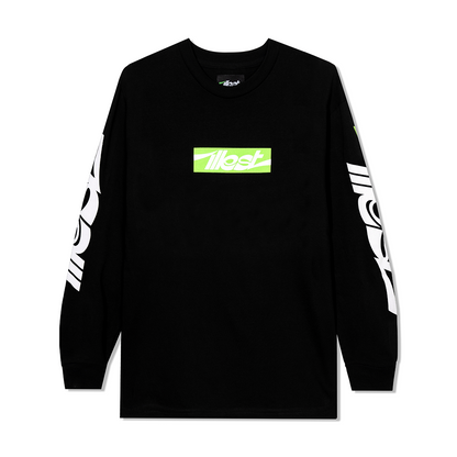 Black long-sleeve collegiate T-shirt with a neon green and white logo on the chest and bold white graphic text on the sleeves.