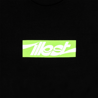 Black collegiate long-sleeve T-shirt featuring a reflective green and white ILLEST brand logo on the chest.