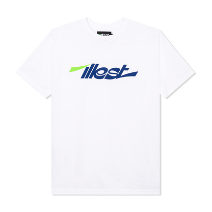 White collegiate short sleeve t-shirt with a bold ILLEST logo in navy blue and lime green on the front.
