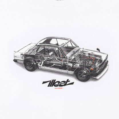 White T-shirt featuring a detailed graphic of a vintage car with visible internal mechanics and the brand name 11lest.