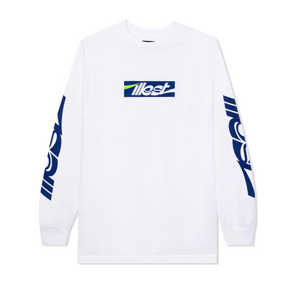 White collegiate long-sleeve T-shirt with bold Illest branding on chest and sleeves, featuring blue and green accents.