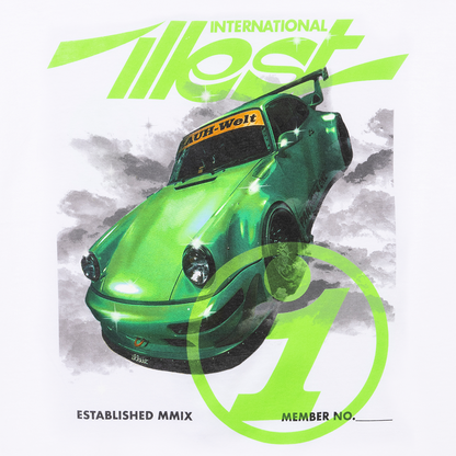 White PANDORA ONE SS TEE featuring a graphic design of a green race car with bold green text and a large number one.