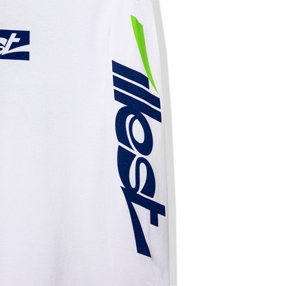 White collegiate long-sleeve T-shirt with blue and green logo and text design on the sleeve.