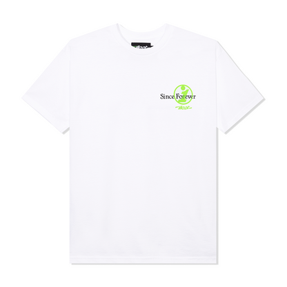 White PANDORA ONE SS TEE with black and green text and logo design on the front.