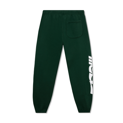 Green collegiate sweatpants with a back pocket and bold white logo print on the leg.