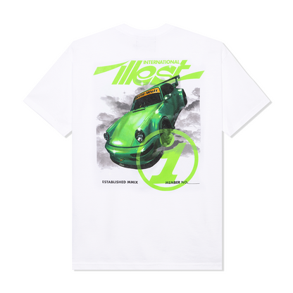 White T-shirt featuring a graphic print of a green sports car, with bold text and design elements in neon green and black.