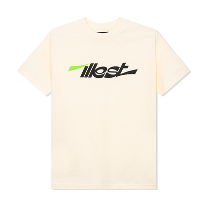 Cream collegiate SS T-shirt with bold black and green logo text across the front.