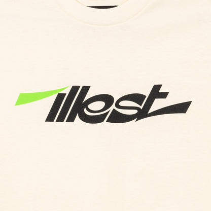 Cream-colored collegiate T-shirt with bold black logo and a small green accent on the front.