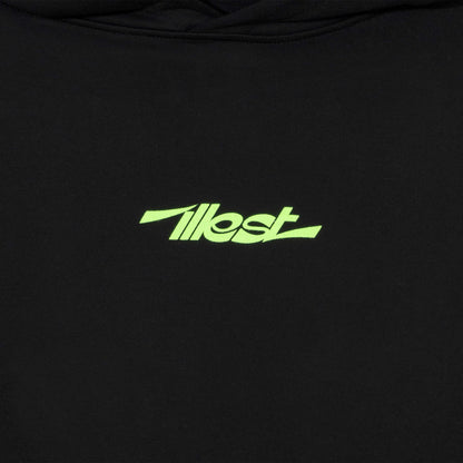 Black hoodie featuring a neon green Hakosuka logo printed on the front.