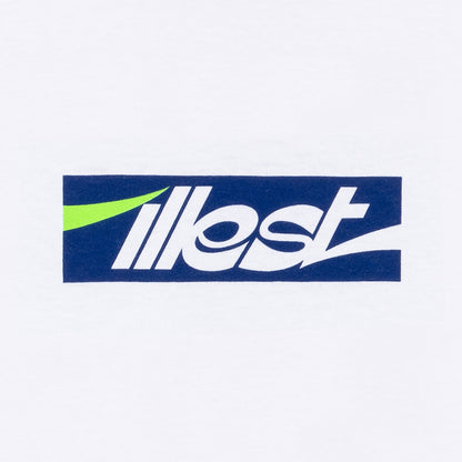 White collegiate long-sleeve T-shirt featuring a blue rectangular logo with the brand name Illet in white and a green swoosh.