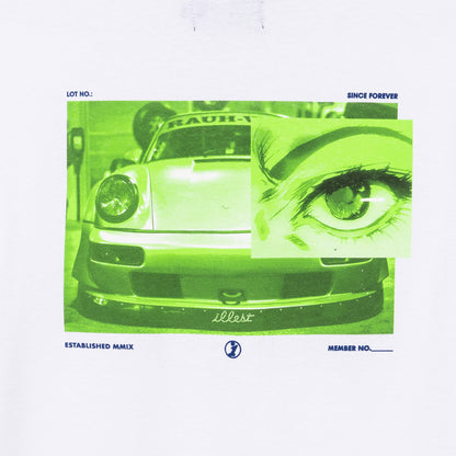 White collegiate long-sleeve T-shirt featuring a graphic design with a vintage car, a detailed eye illustration, and text elements.