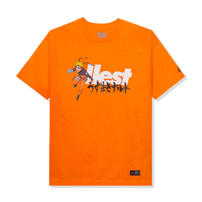 Orange T-shirt featuring Naruto Hokage design with graphic text and character illustration from the ILLEST X NARUTO collection.
