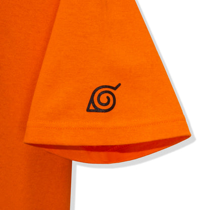 Orange ILLEST X Naruto Hokage T-shirt sleeve with black spiral leaf village logo at the hem.