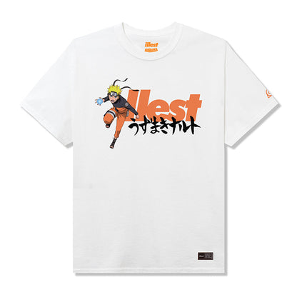 White ILLEST X Naruto Hokage T-shirt featuring Naruto Uzumaki in an action pose with bold orange and black graphic design.