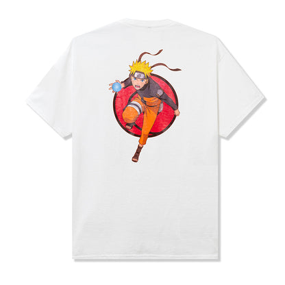 White T-shirt featuring an illustration of Naruto Uzumaki in an action pose with a red background and Hokage theme.