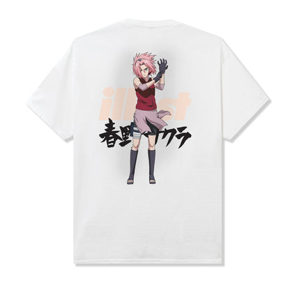 White T-shirt featuring Sakura from Naruto in a dynamic pose with Japanese characters and ILLEST branding.