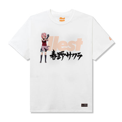 White T-shirt featuring an illustration of Sakura from Naruto, with stylized text and branding elements in orange and black.