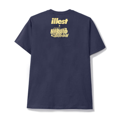 Back of navy blue T-shirt featuring gold ILLEST and Naruto Shippuden Konoha logo and text design.
