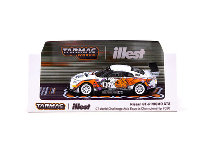 Detailed model of the Illest x Tarmac Nissan GT-R NISMO GT3 race car with colorful graphics, white wheels, and racing decals.
