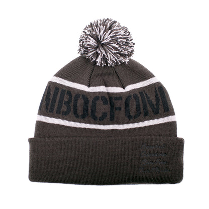 ILLEST Acronym beanie in dark brown with white stripes, embroidered logo on folded cuff, topped with a multicolored pom-pom.